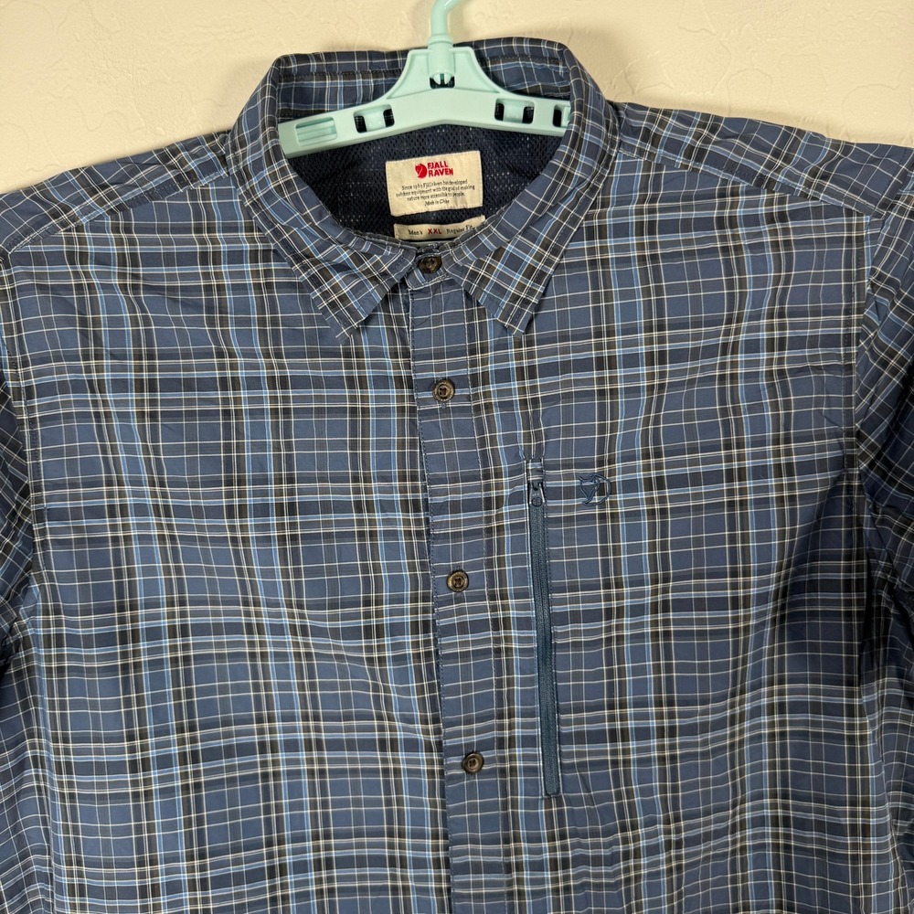 Fjallraven Abisko Hike Shirt Mens 2XL Blue Plaid Short Sleeve Button Up Outdoor